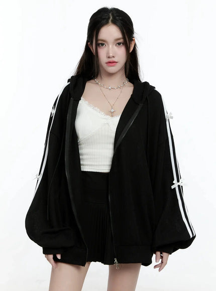 contrast-oversized-zip-up-hoodie-io527 / Black