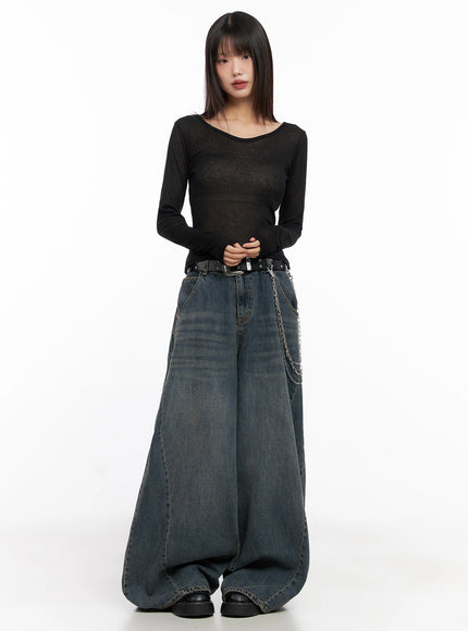 sheer-long-sleeve-top-in503 / Black