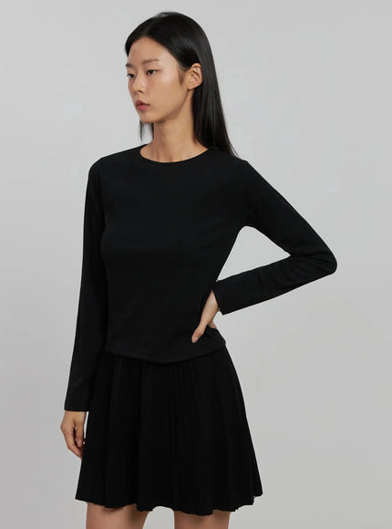 round-ribbed-long-sleeve-top-ij508 / Black