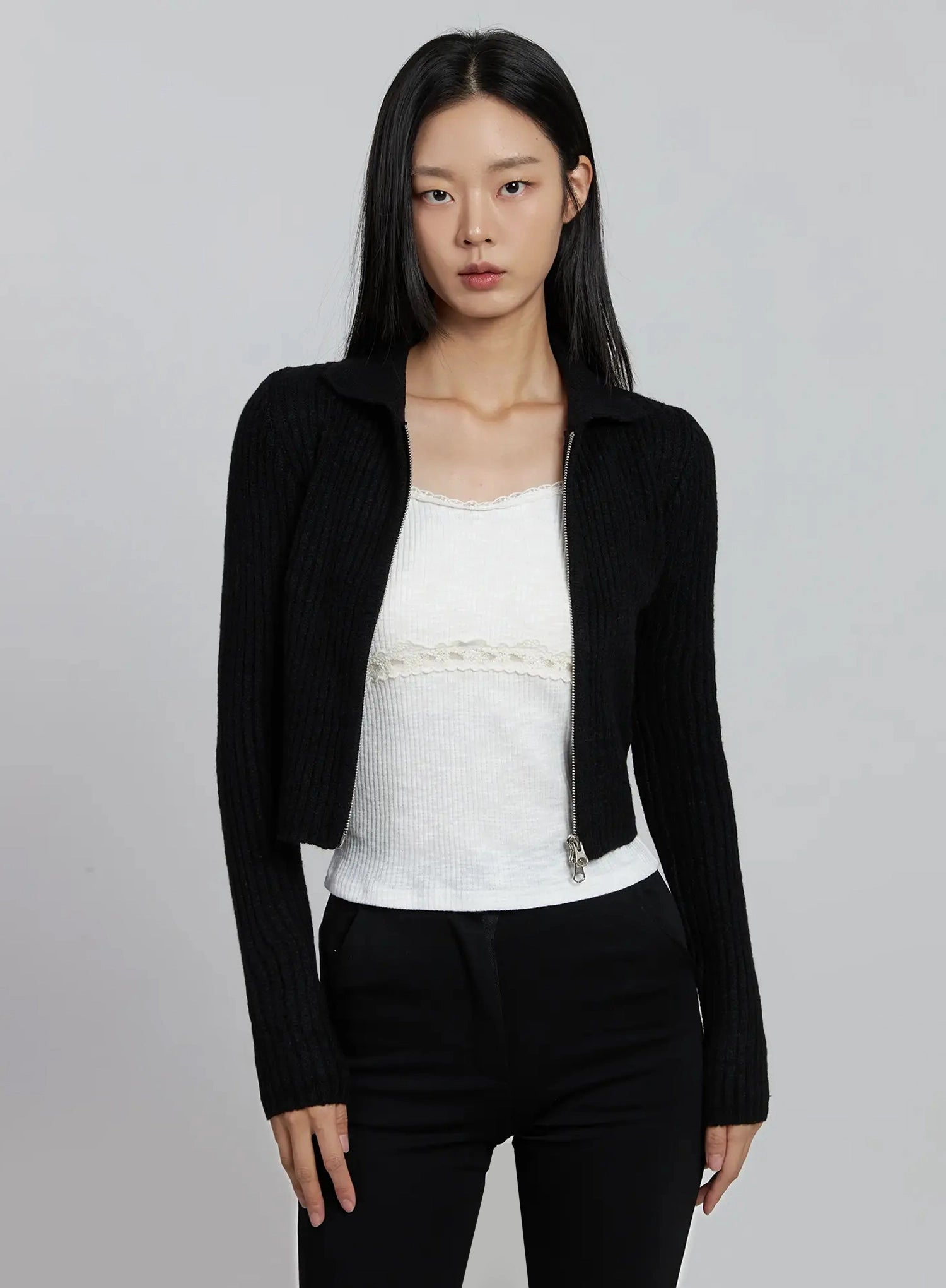 ribbed-knit-collared-zip-up-im520 / Black