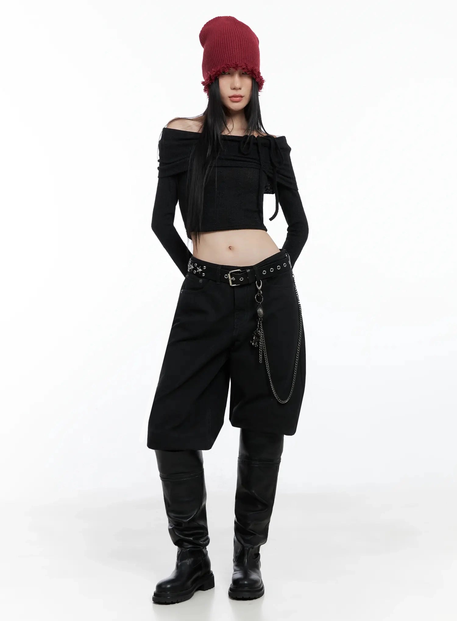 ribbon-off-shoulder-knit-top-is525 / Black