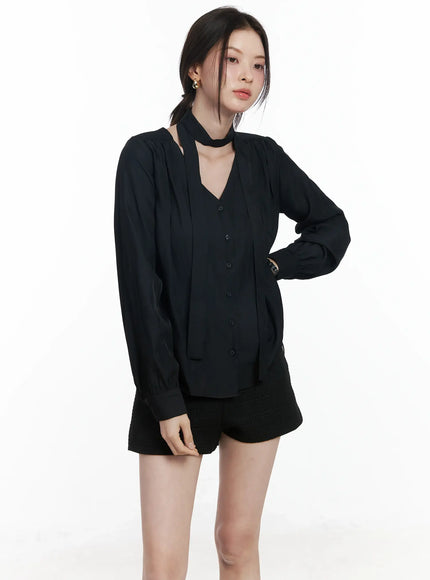 v-neck-shirred-blouse-and-scarf-set-if525 / Black