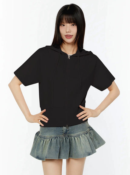 short-sleeve-zip-up-hoodie-cu515 / Black
