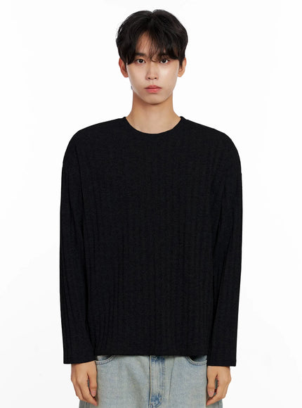 mens-ribbed-knit-long-sleeve-shirt-io516 / Black
