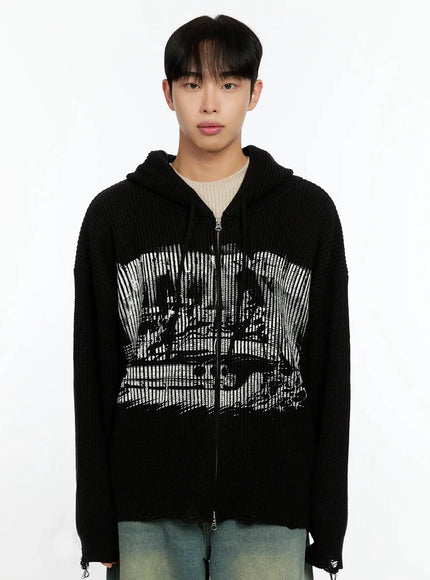 mens-laser-printed-knit-hooded-zip-up-in525 / Black