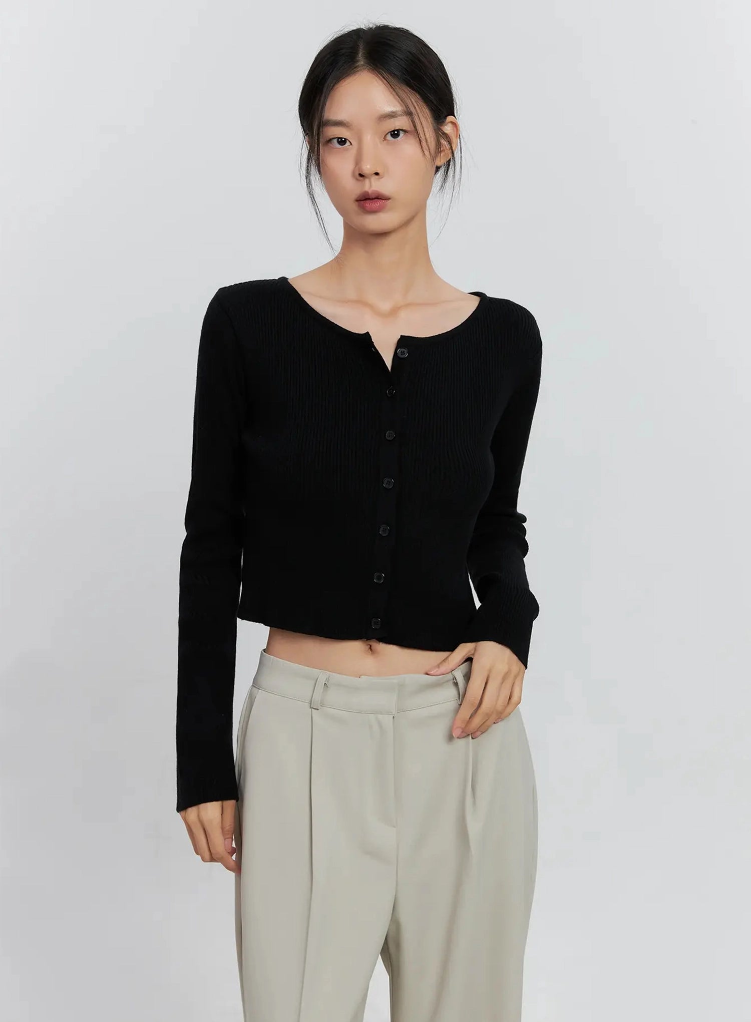 ribbed-button-up-cardigan-is516 / Black