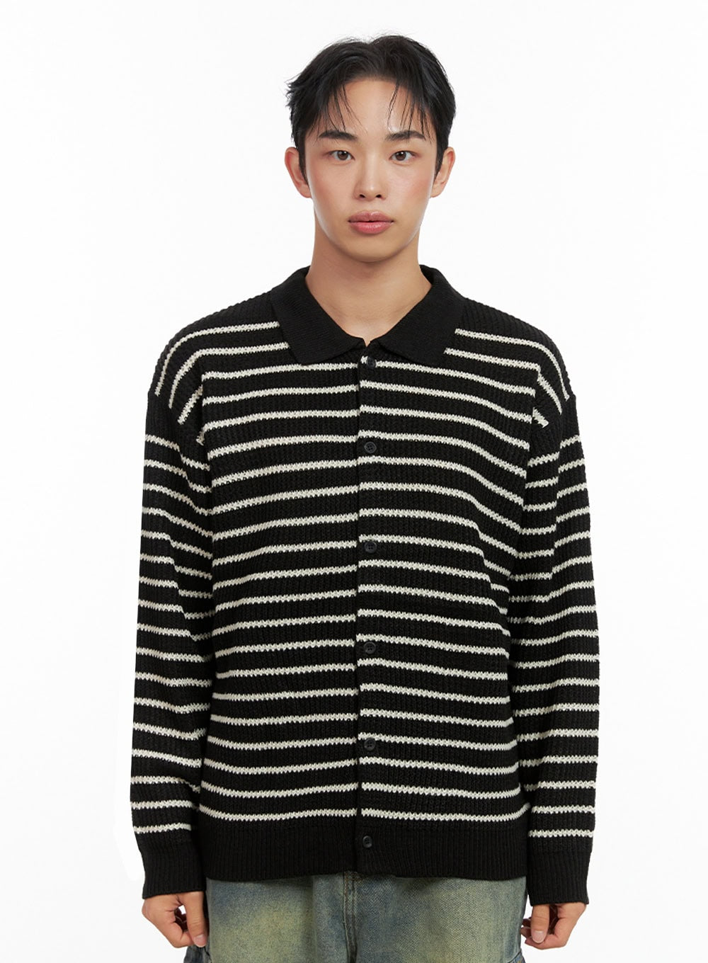 mens-striped-collared-sweater-in426 / Black