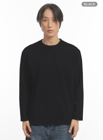 mens-ribbed-round-neck-long-sleeve-tee-io402 / Black