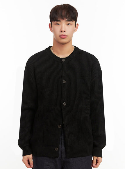 mens-ribbed-buttoned-round-neck-cardigan-if517 / Black