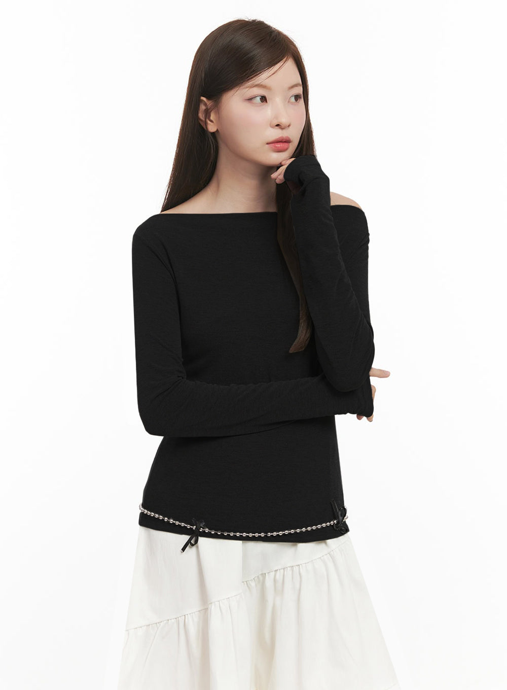 chic-boat-neck-long-sleeve-top-ij527 / Black