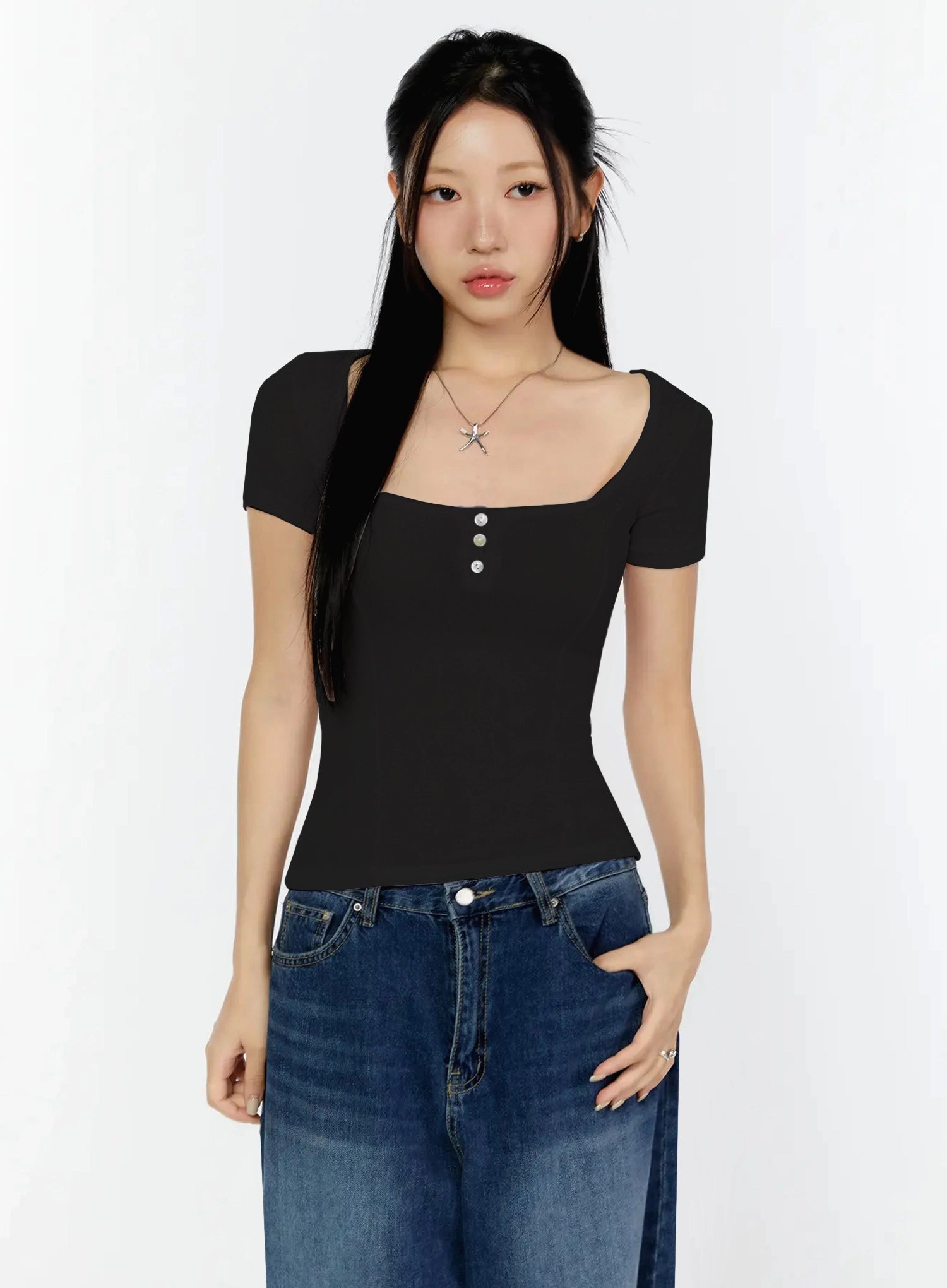 lace-trim-square-neck-top-iu522 / Black