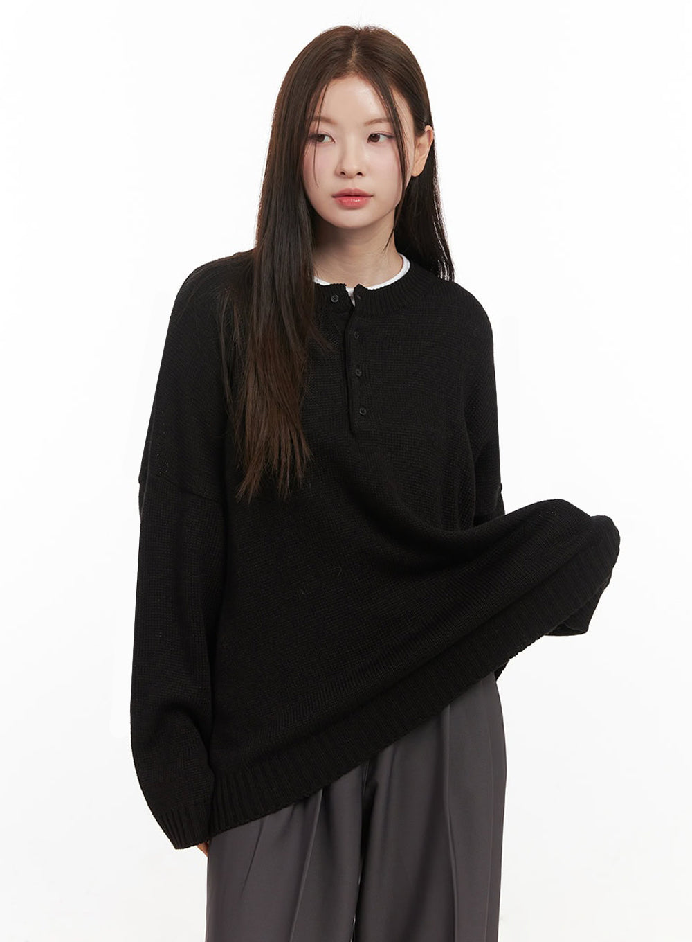 oversized-half-button-sweater-ij527 / Black