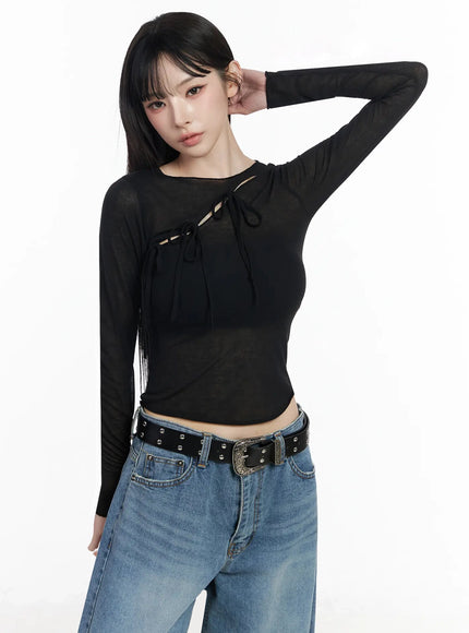 sheer-cross-tie-long-sleeve-top-iu509 / Black