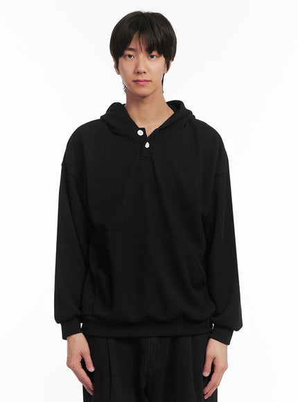 mens-ribbed-buttoned-hoodie-ia511 / Black