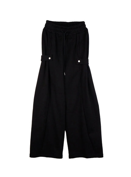 cozy-pintuck-buttoned-wide-leg-sweatpants-ij510 / Black