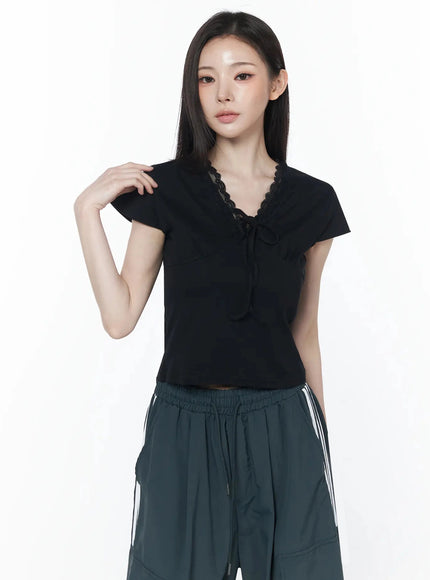 ribbon-lace-short-sleeve-tee-iu512 / Black