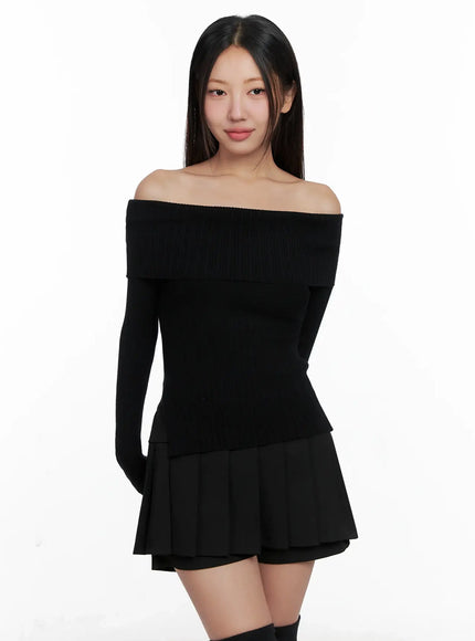 ribbed-folded-off-shoulder-top-ig527 / Black