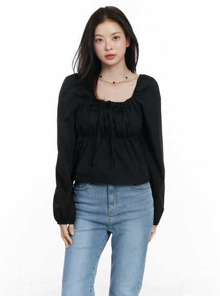 puff-sleeve-cotton-blouse-if520 / Black