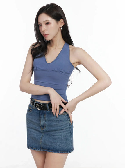 shirred-sleeveless-halter-neck-tank-top-ij528 / Blue