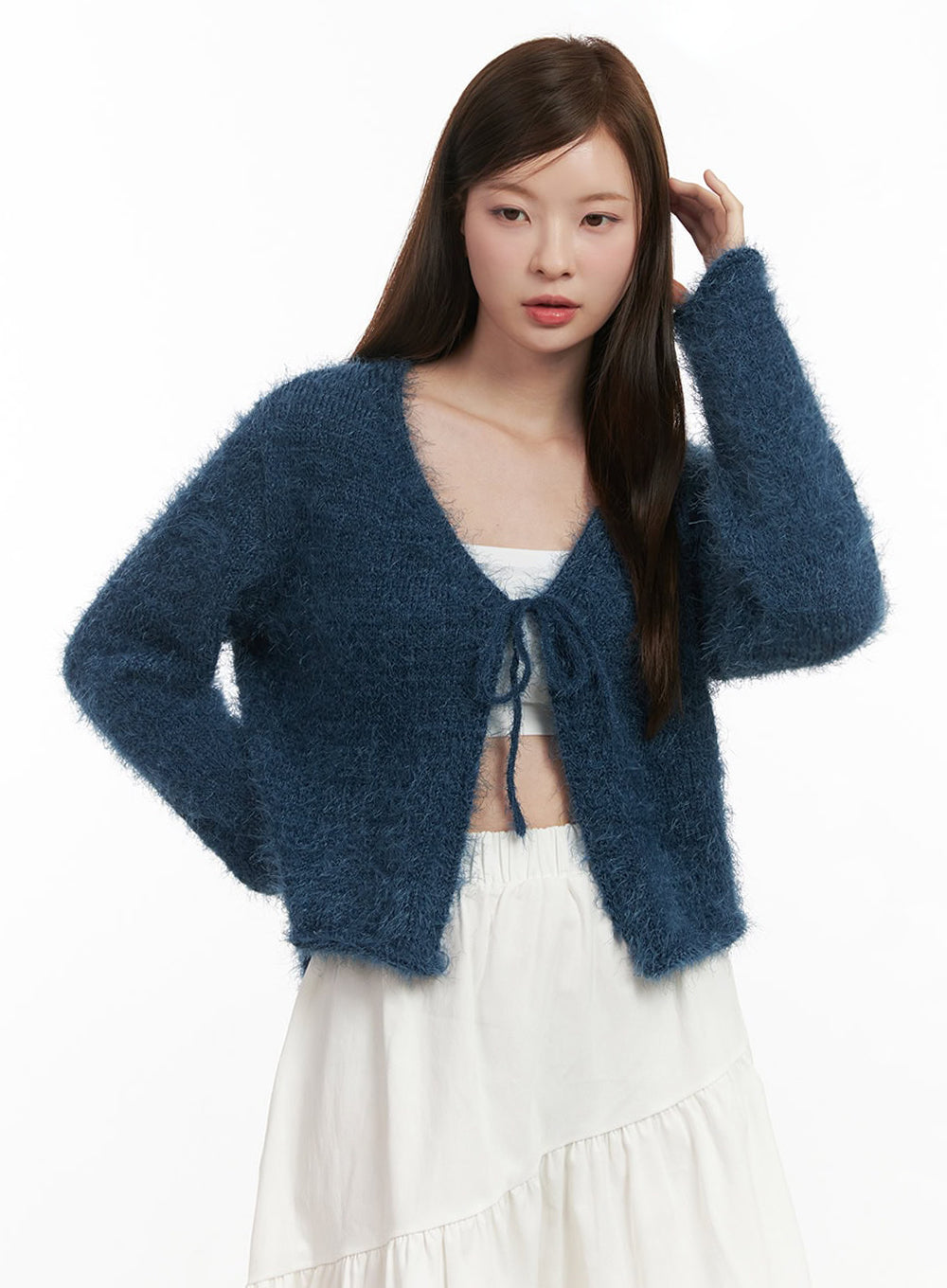 fuzzy-ribbon-tie-cardigan-ij527 / Dark blue