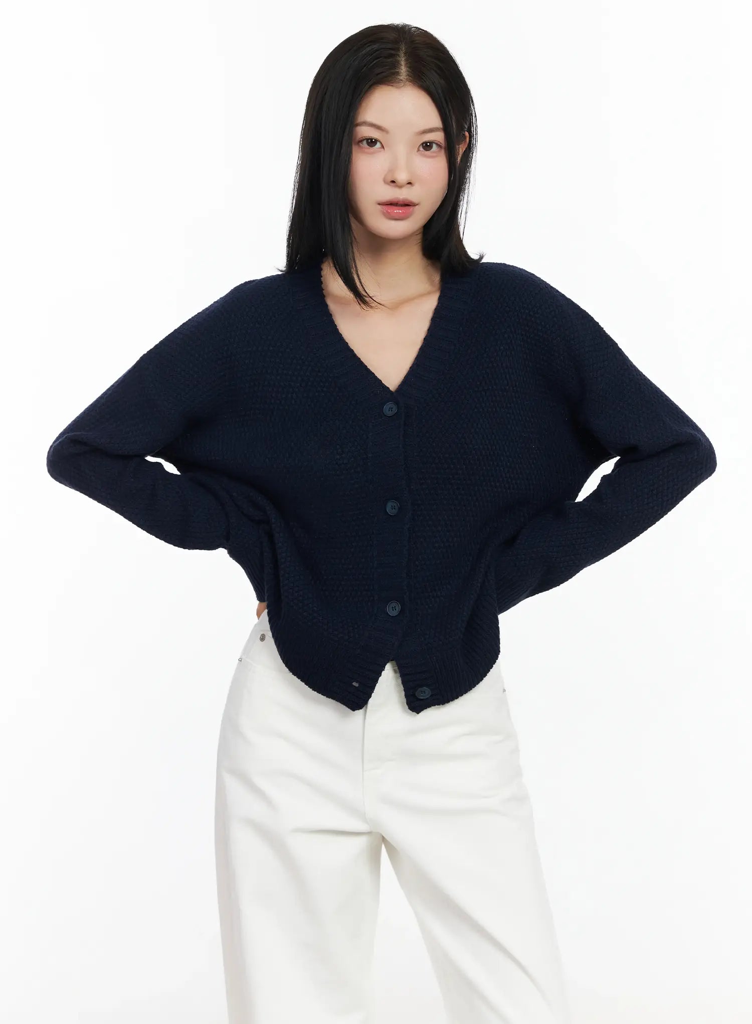 pastel-waffle-v-neck-cardigan-im524 / Dark blue