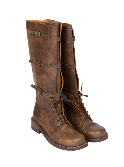 lace-up-buckle-faux-leather-long-boots-if510 / Dark brown
