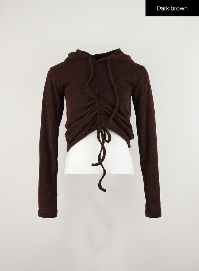 front-shirring-hoodie-sweater-in328 / Dark brown