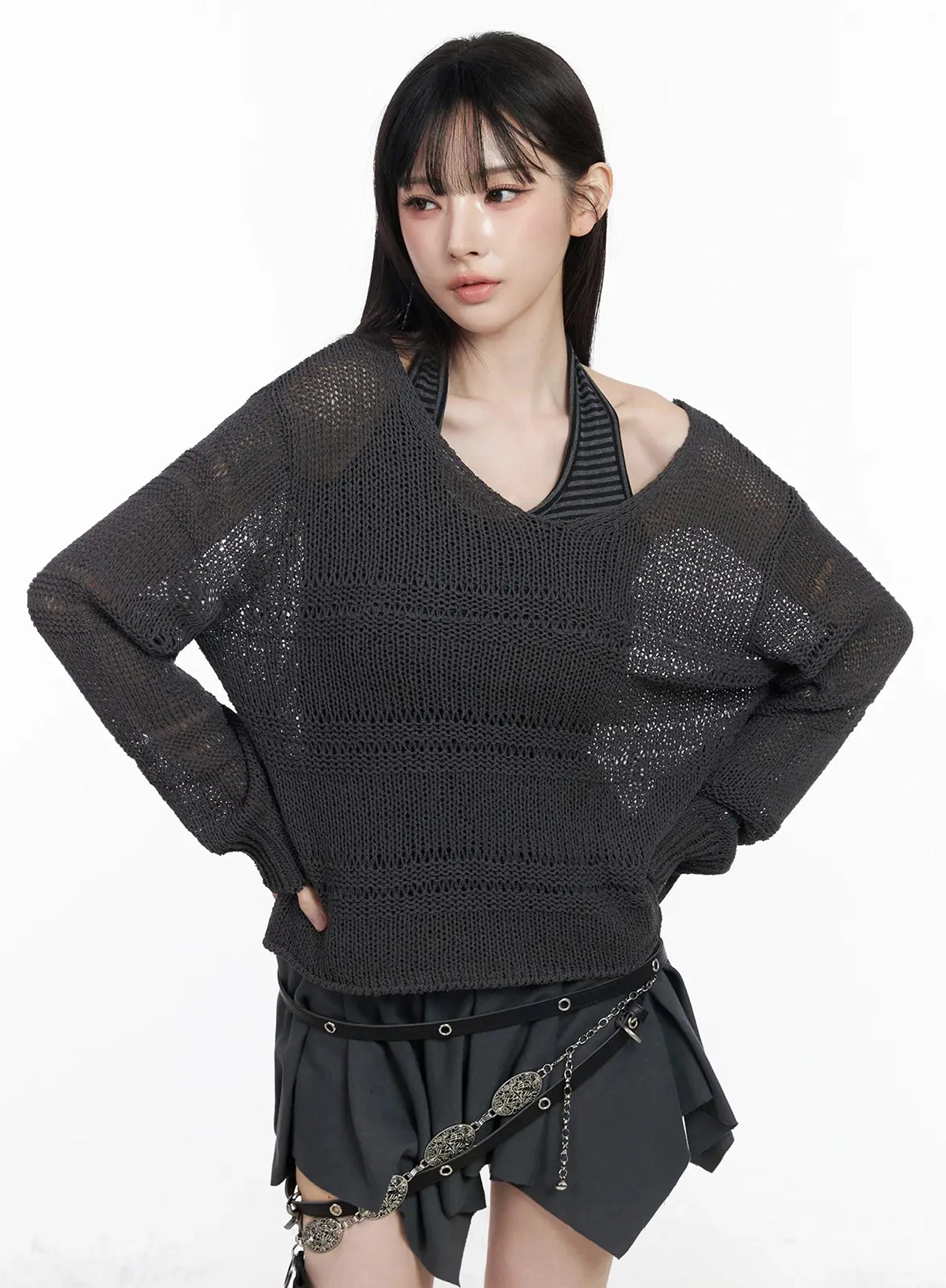 versized-v-neck-knit-sweater-iy511 / Dark gray
