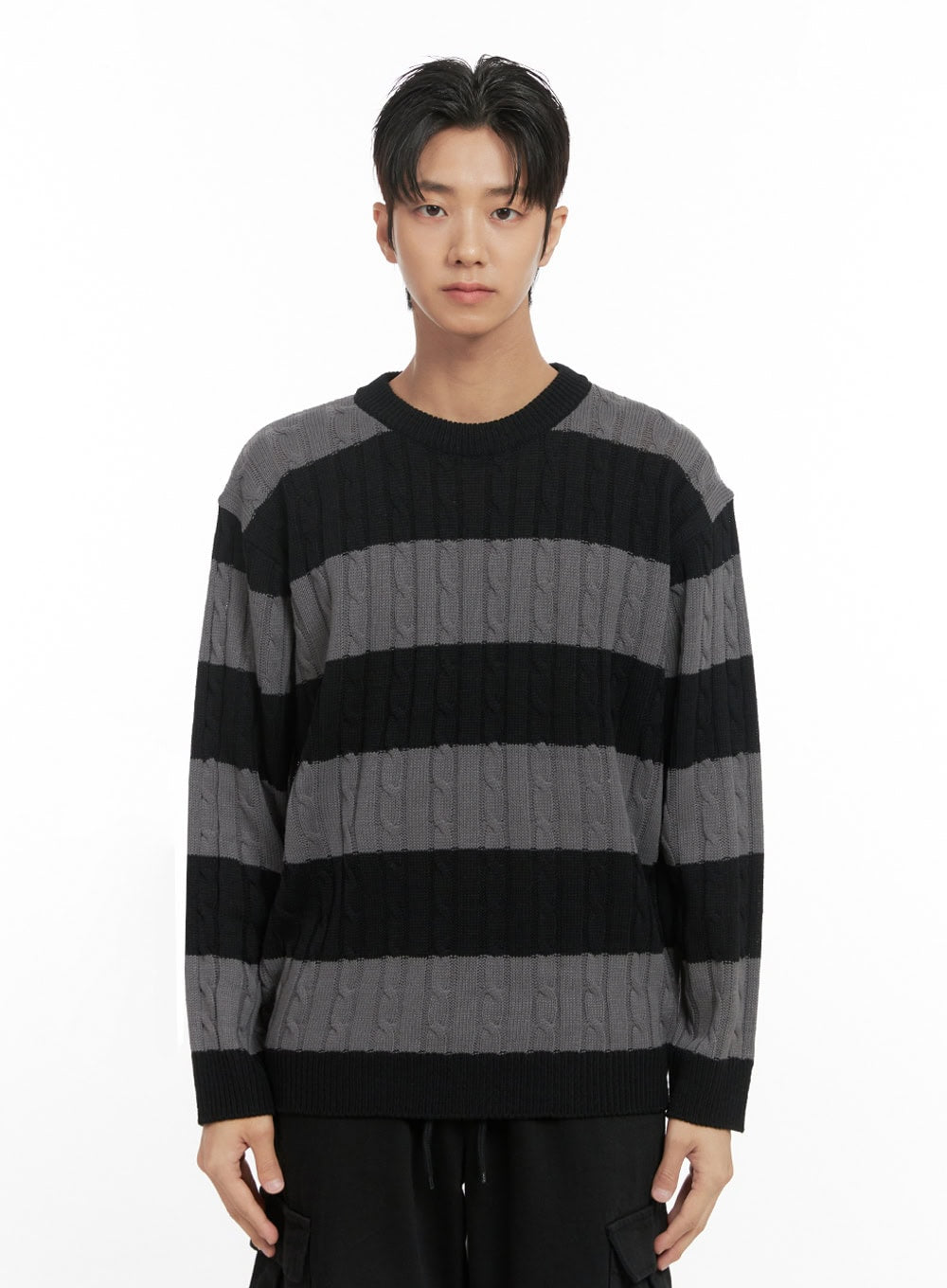 mens-stripe-cable-knit-sweater-id413 / Dark gray