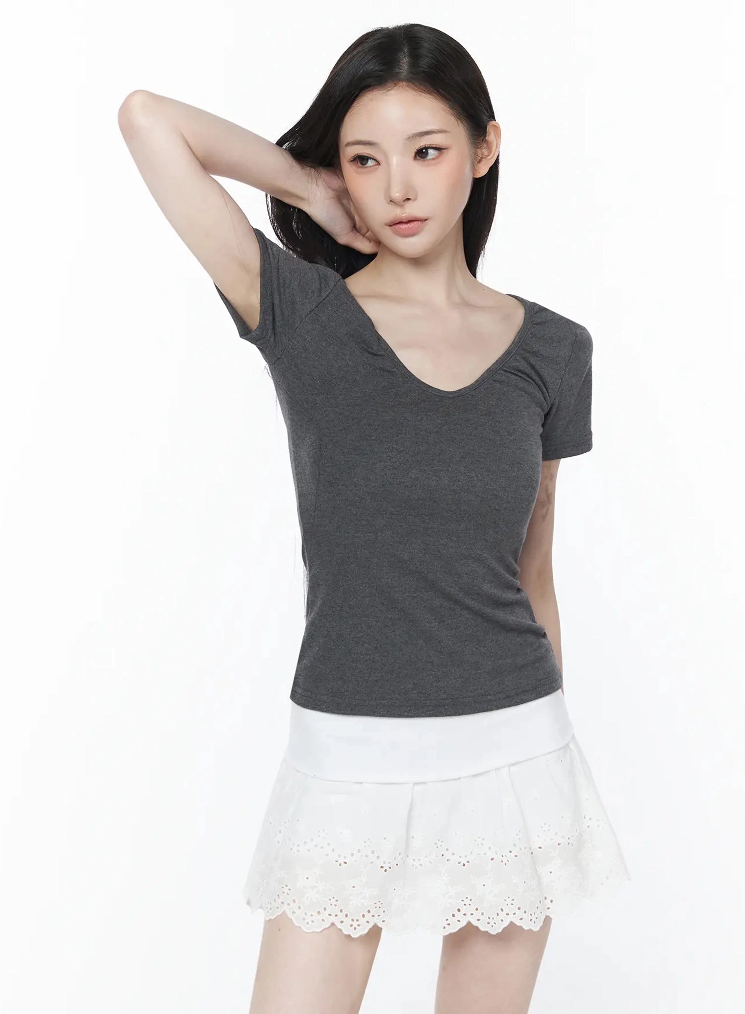 v-neck-ruched-top-iu512 / Dark gray