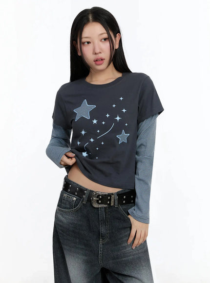 star-themed-layered-sleeve-top-im509 / Dark gray