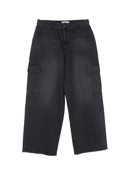 mens-wide-leg-cargo-denim-jeans-il518 / Dark gray