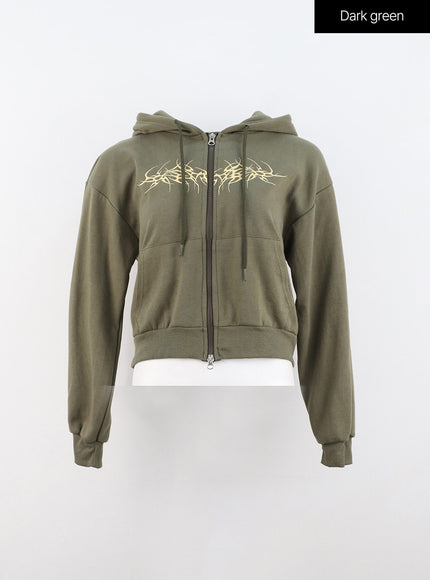 zip-up-graphic-crop-hoodie-in314 / Dark green