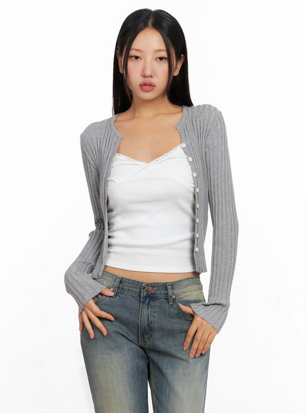 ribbed-slim-fit-cardigan-ig528 / Gray