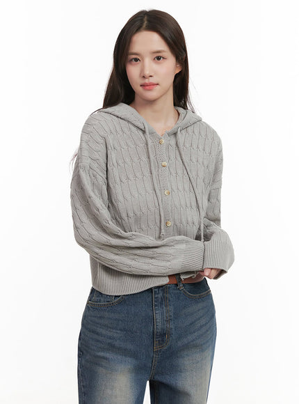 cable-knit-buttoned-hooded-cardigan-ij510 / Gray