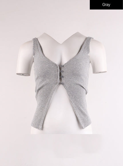 deep-v-neck-button-sleeveless-top-if402 / Gray