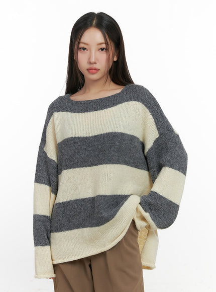 oversize-stripe-wool-sweater-in415 / Gray