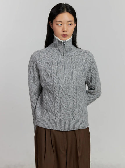 cable-knit-half-zip-sweater-ij505 / Gray