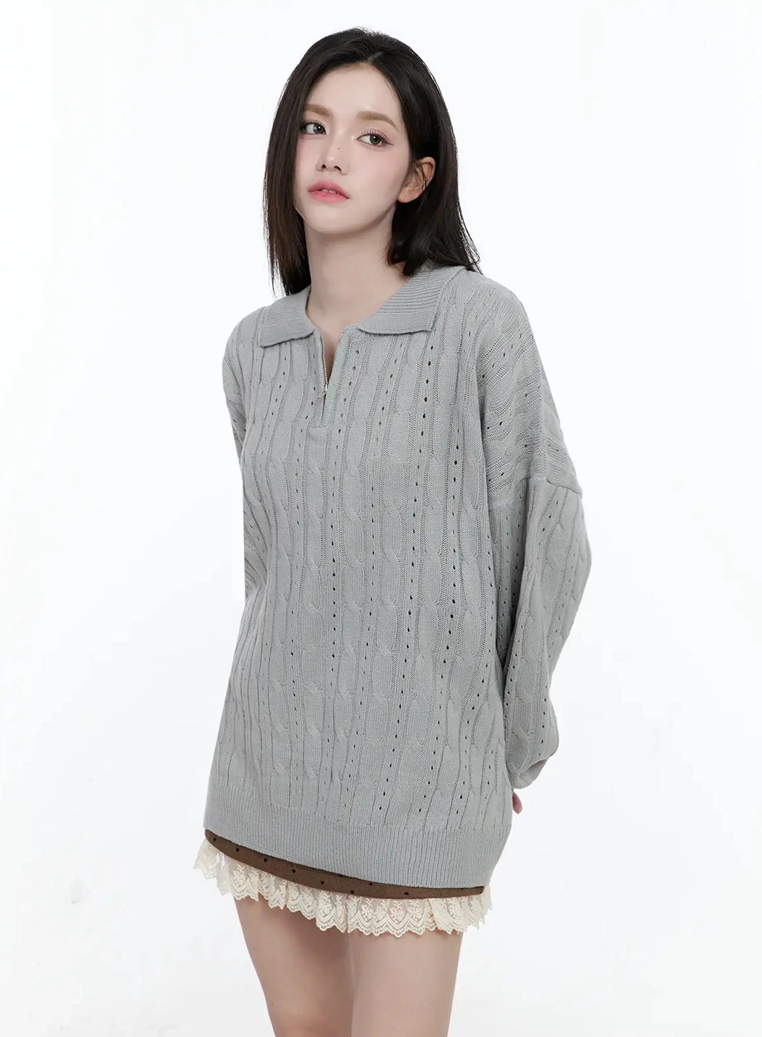 cable-knit-half-zip-sweater-io520 / Gray