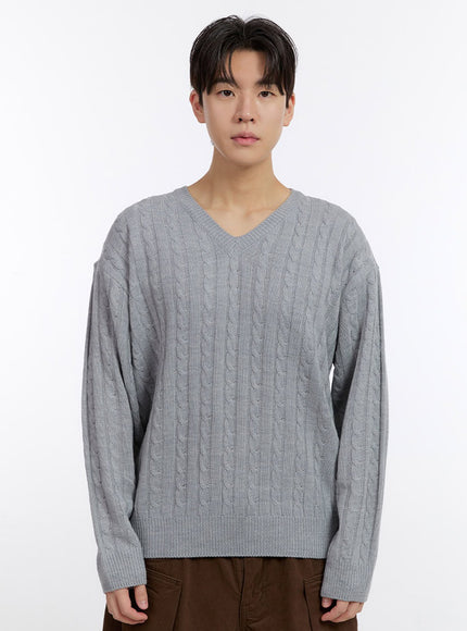 mens-cable-knit-v-neck-sweater-if528 / Gray