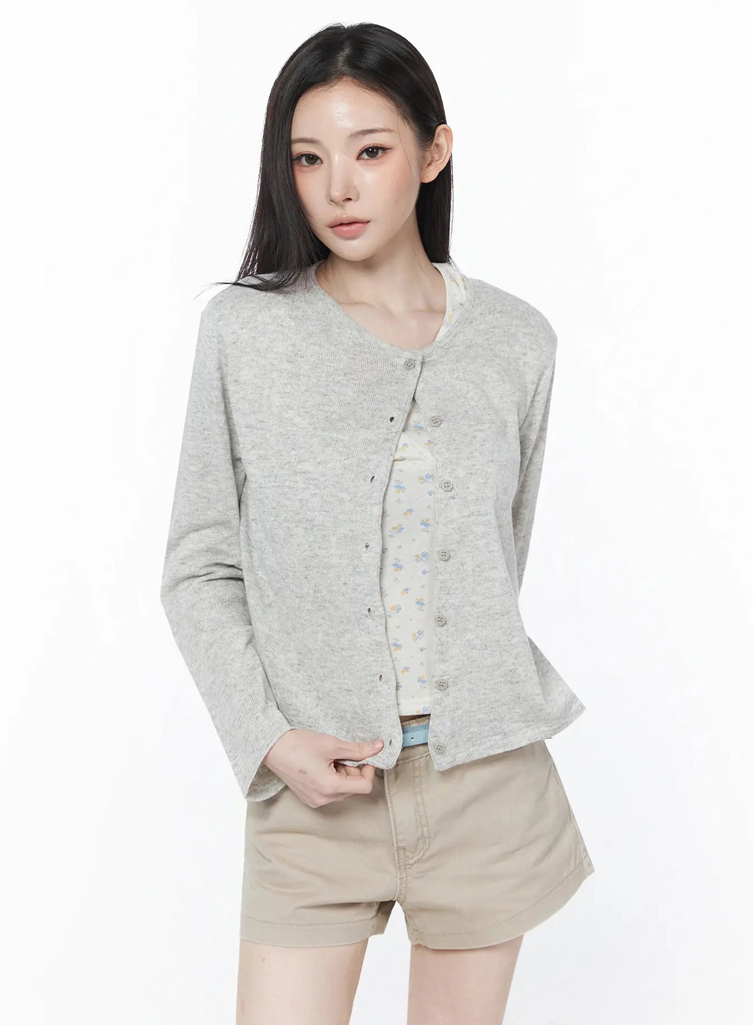 linen-round-neck-cardigan-iu512 / Gray