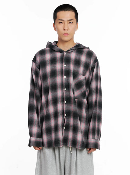 mens-plaid-flannel-hooded-shirt-ig529 / Pink