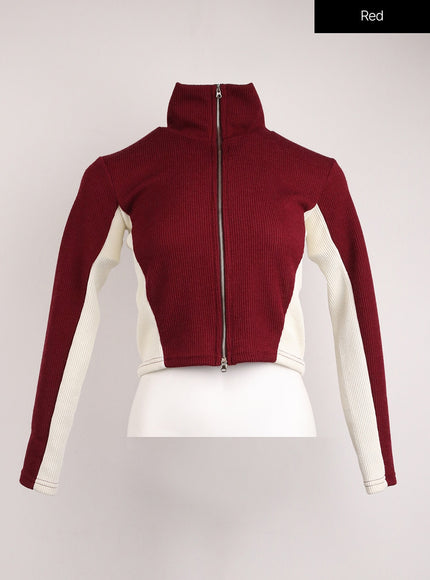 contrasting-high-neck-solid-zipper-cardigan-ij411 / Red