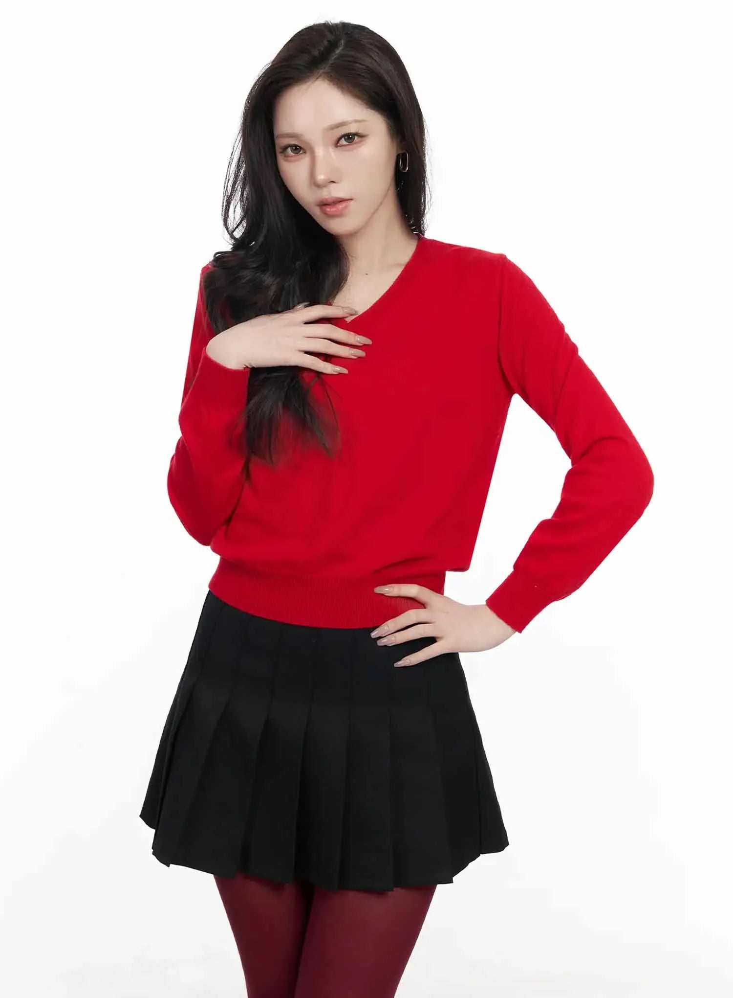 simple-cashmere-v-neck-knit-ij528 / Red