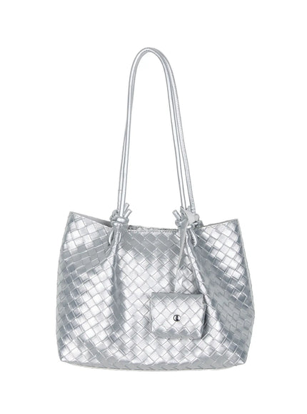 woven-leather-shoulder-bag-and-pouch-set-iu519 / Silver
