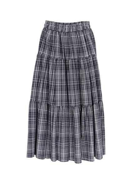 plaid-ruffle-long-skirt-iu519 / Black