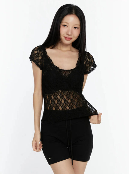 lace-sheer-cap-sleeve-top-iu522 / Black