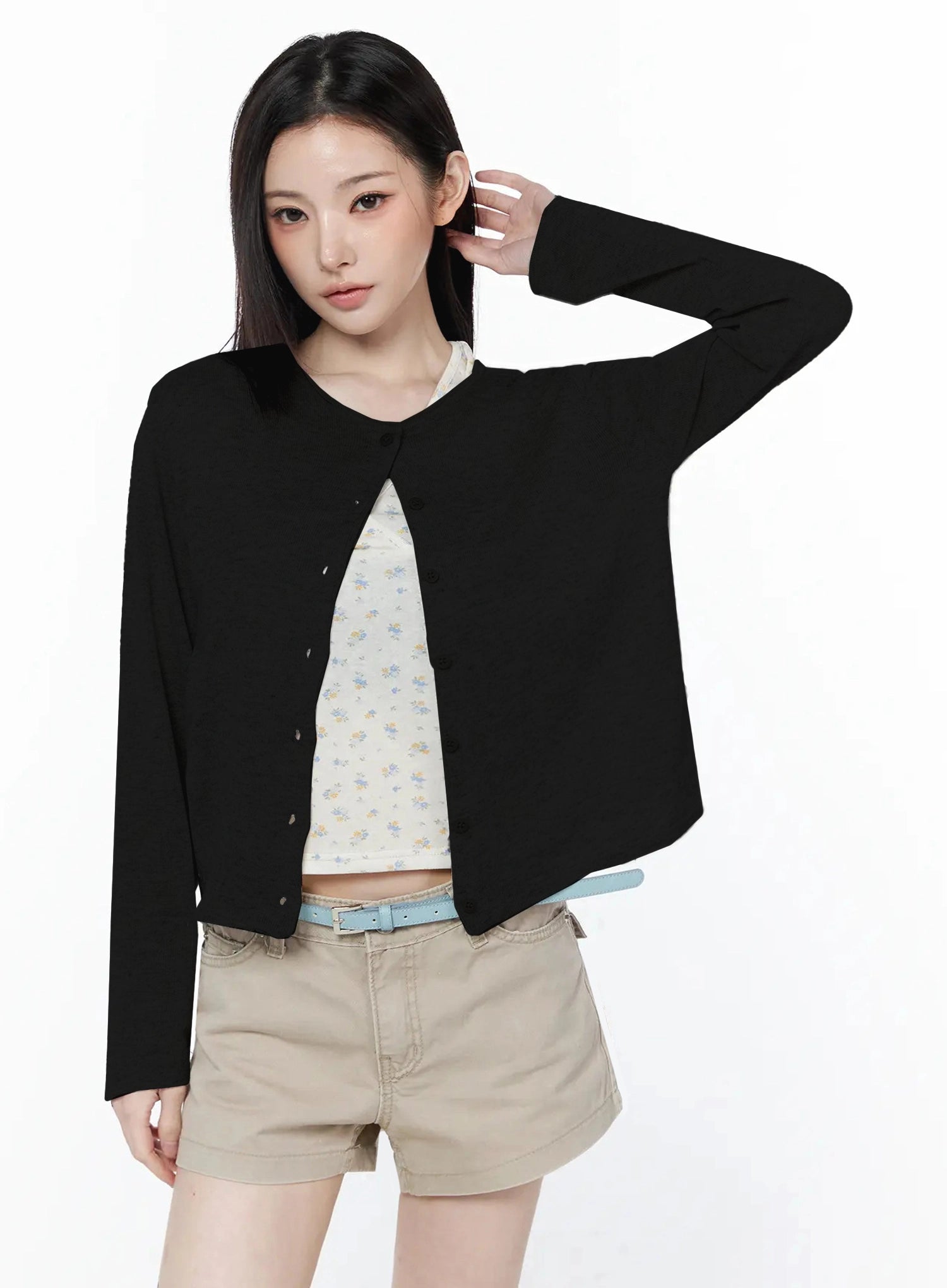 linen-round-neck-cardigan-iu512 / Black