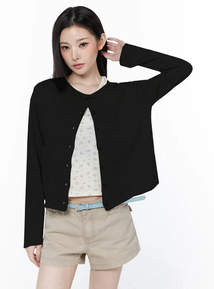 linen-round-neck-cardigan-iu512 / Black
