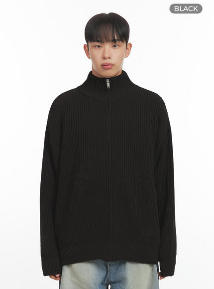 mens-turtle-neck-cable-zip-up-knit-io420 / Black